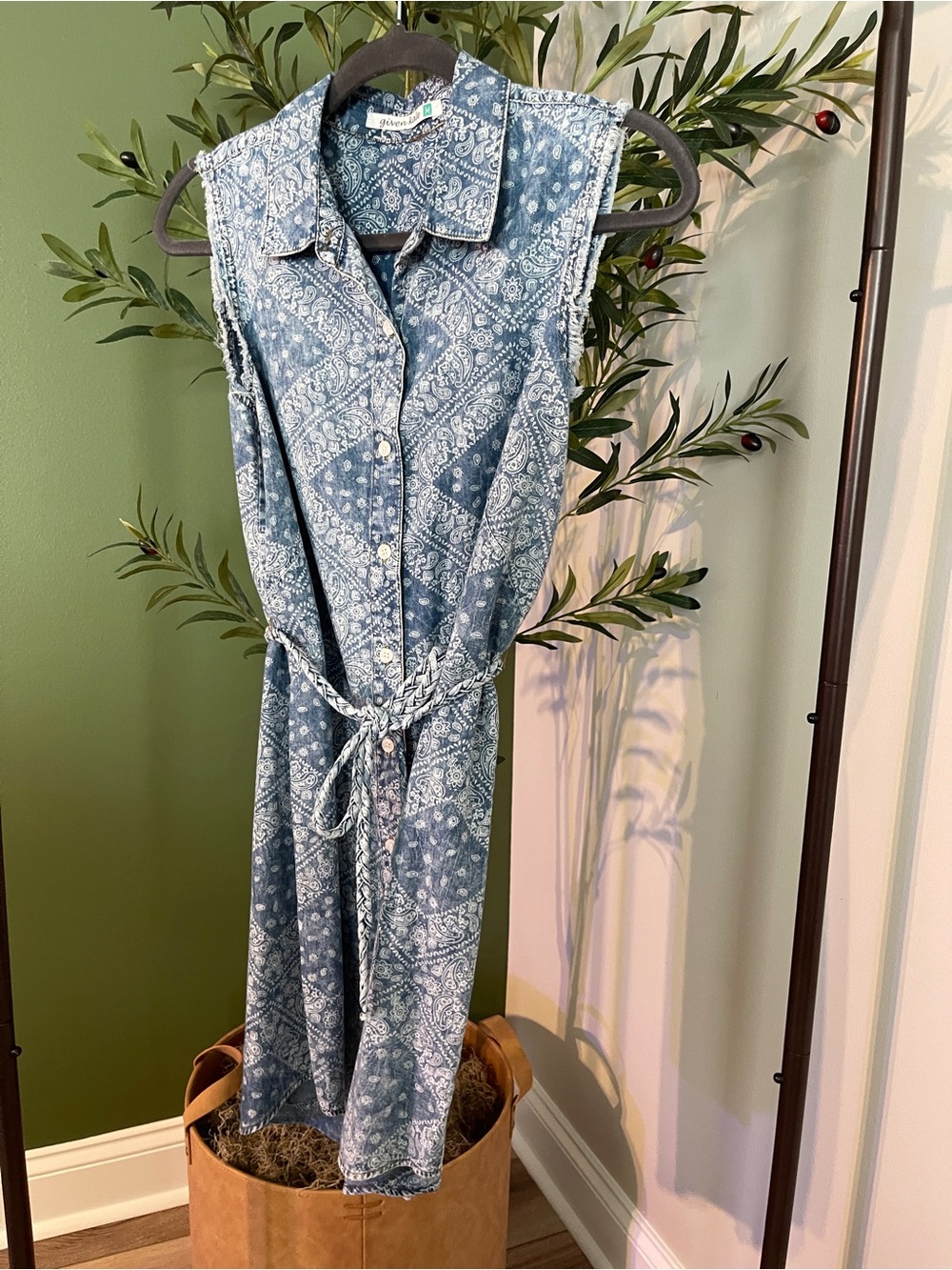 Sleeveless Blue Paisley Denim Shirt Dress with Tie Waist